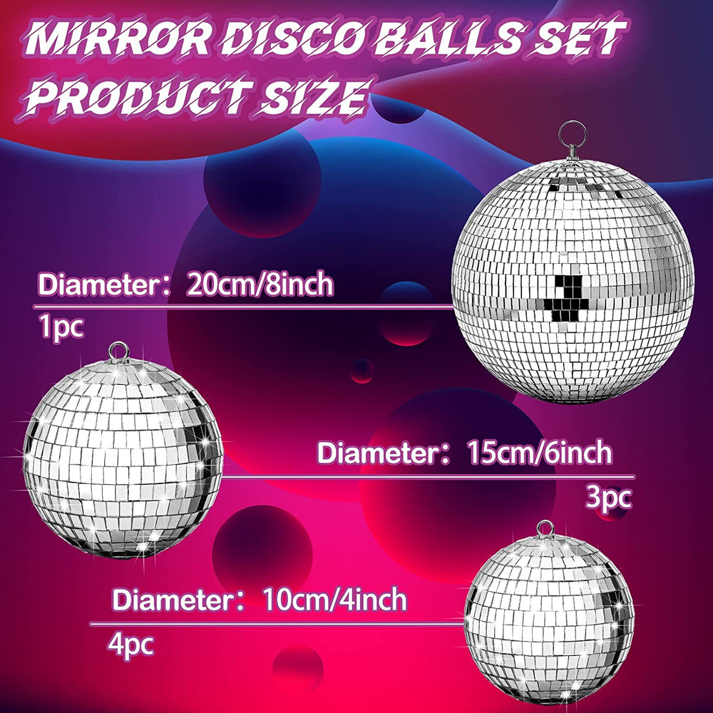 8 Pcs Large Disco Ball Set Silver Mirror Disco Reflective Ball with Hanging Ring