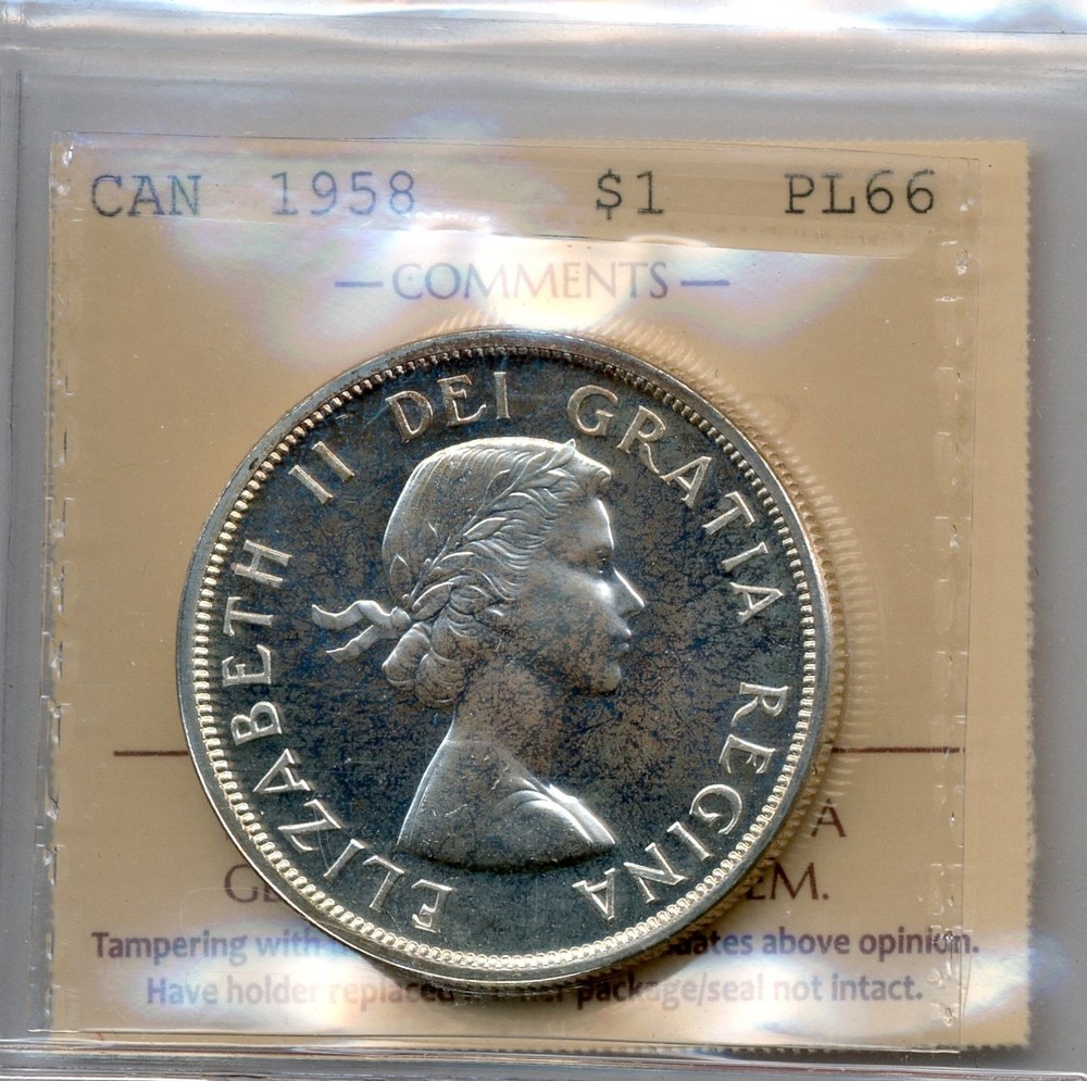 1958 Canada $1, Gem Proof-Like, ICCS PL66