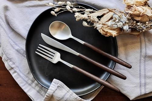 Lightweight Stainless Steel Flatware Set with Walnut (4 Sets) 12 Plain
