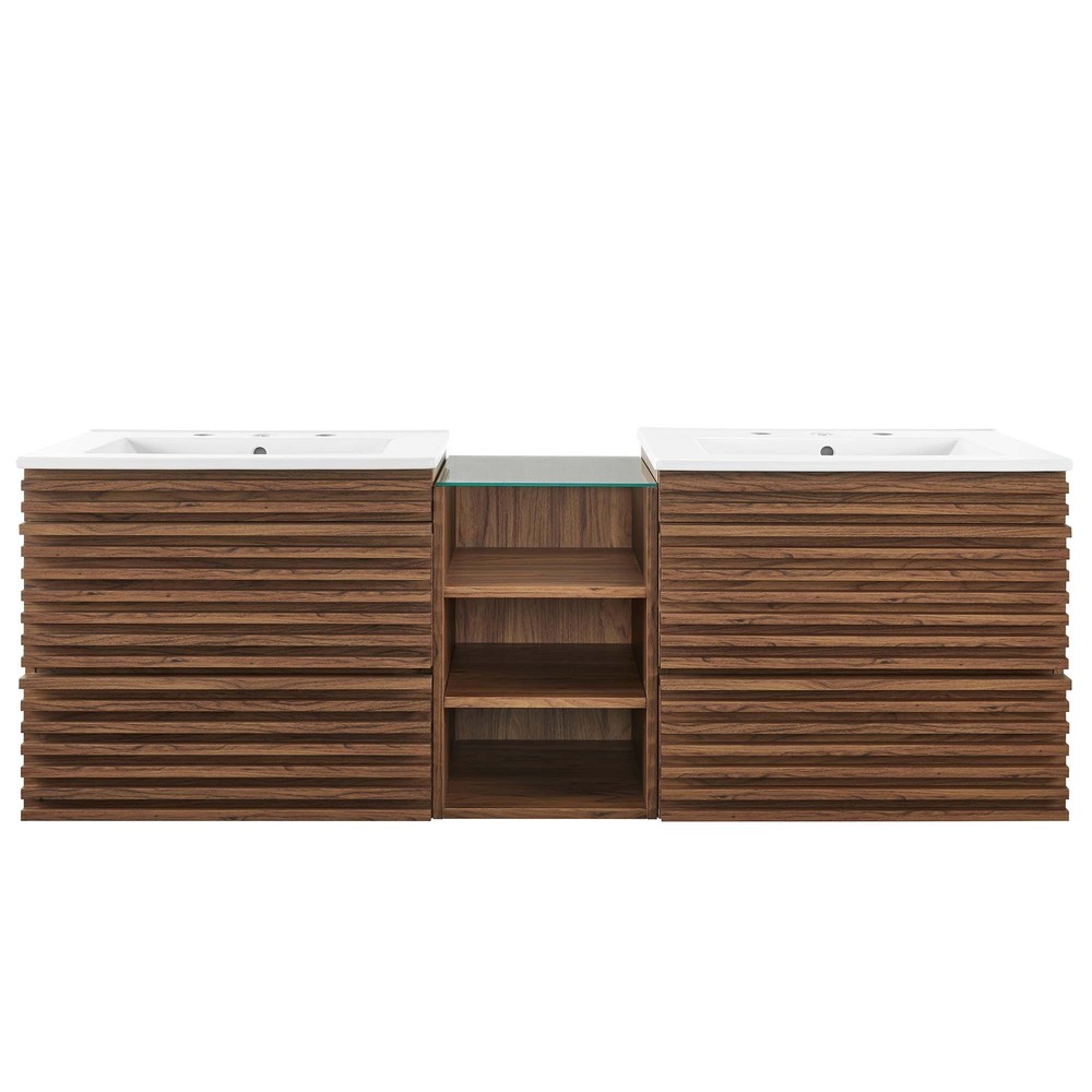 Render 62" Wall-Mount Double Sink Bathroom Vanity in Walnut White