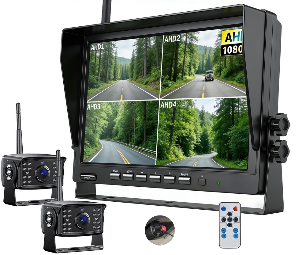 Wireless 1080P AHD Backup Camera with 10.1" Quad Split Screen DVR for RV Truck