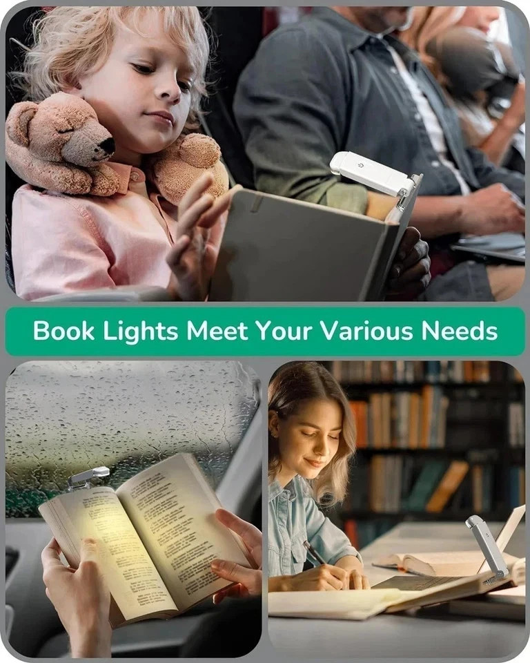 USB Rechargeable Clip On Book LED Light Dimmable Lamp for Reading in Bed.