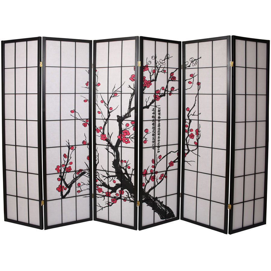 4, 6, 8 Panel Plum Blossom Screen Room Divider White & Black Frame