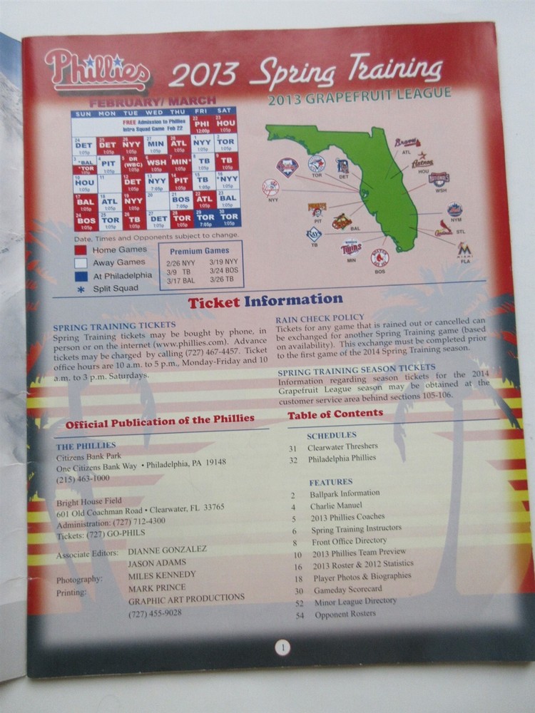 2013 Philadelphia Phillies Spring Training Program Clearwater Florida Utley Lee