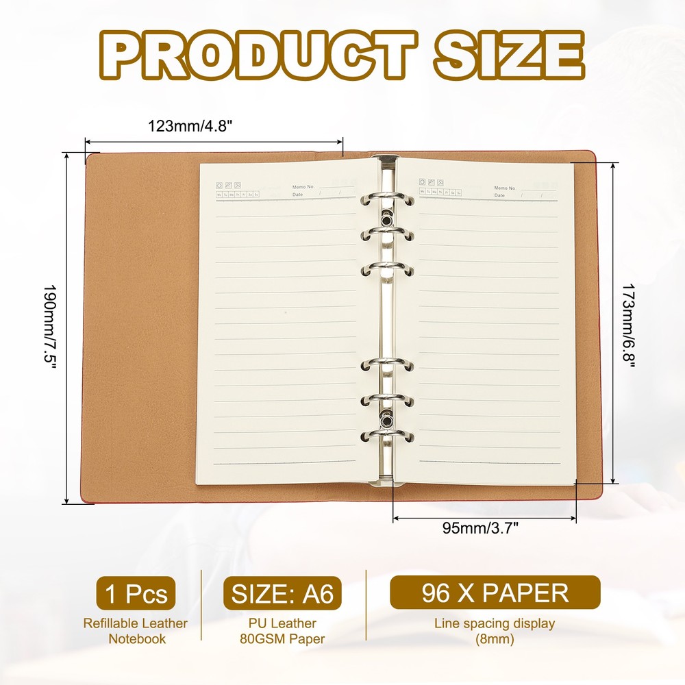 A6 Refillable Leather Notebook, 6 Ring Hardcover Binder Notebook, Red