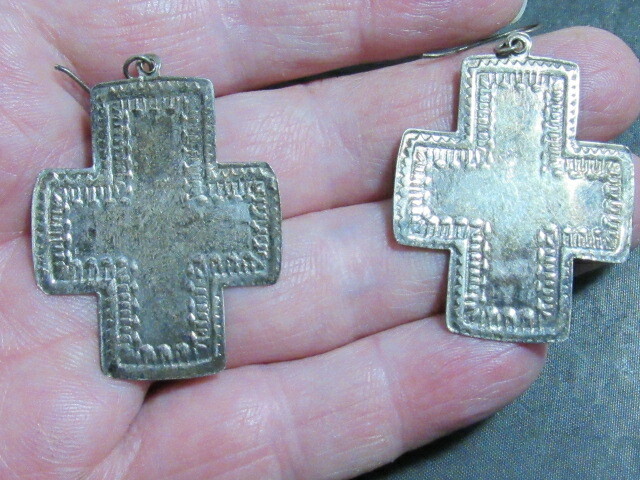 stamped cross silver earrings