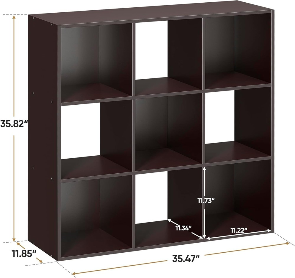 Great value 9-grid storage organizer, 3-layer open bookshelf, dark brown