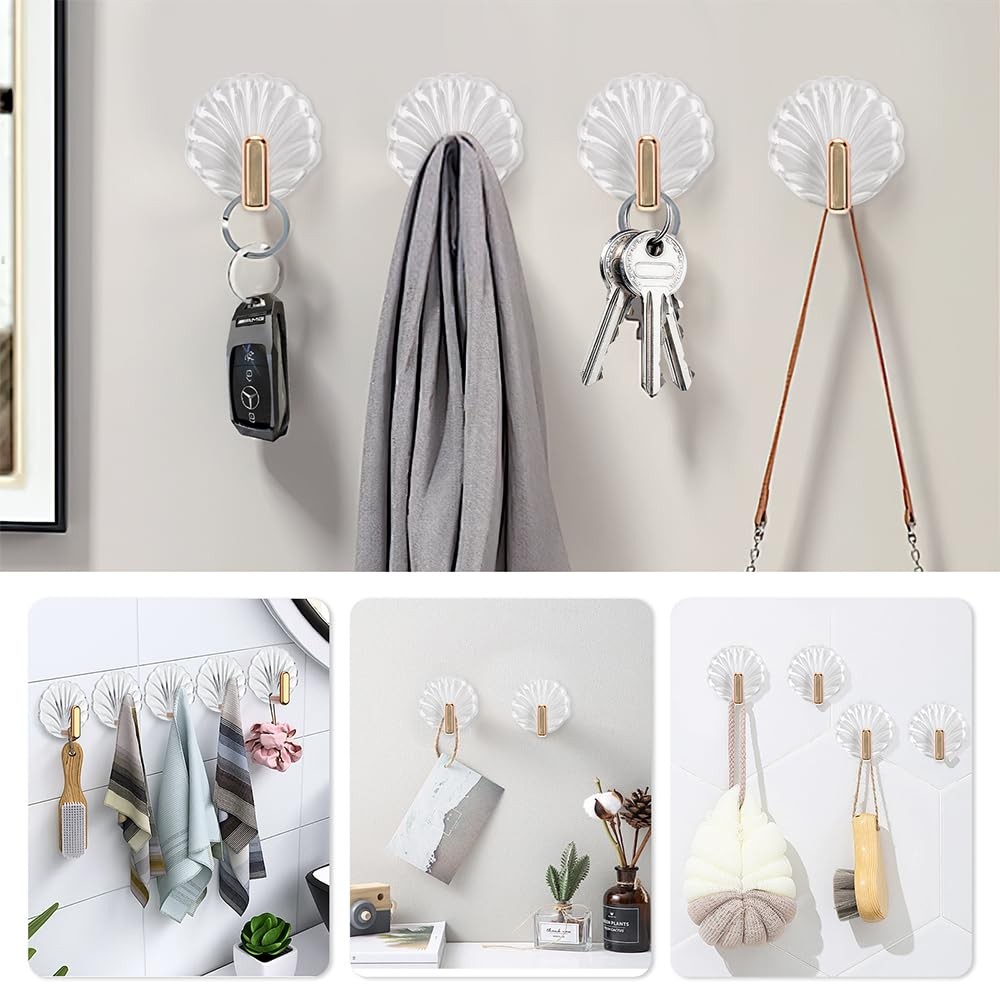 8PCS Shell Clear Adhesive Hooks - No Drill Removable Waterproof for Bathroom,...