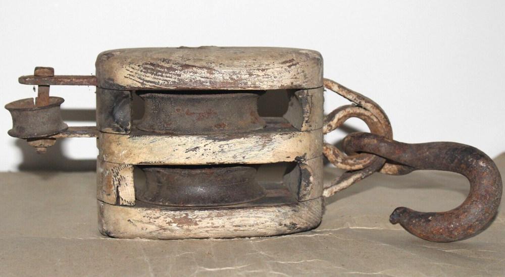 Rustic Vintage Wood and Iron Claw Pulley