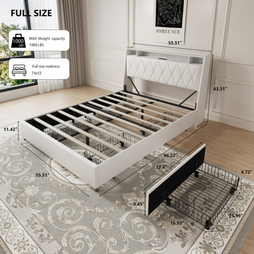 Full Size Bed Frame with Ergonomic Headboard, Full Platform Bed Frame with Outle