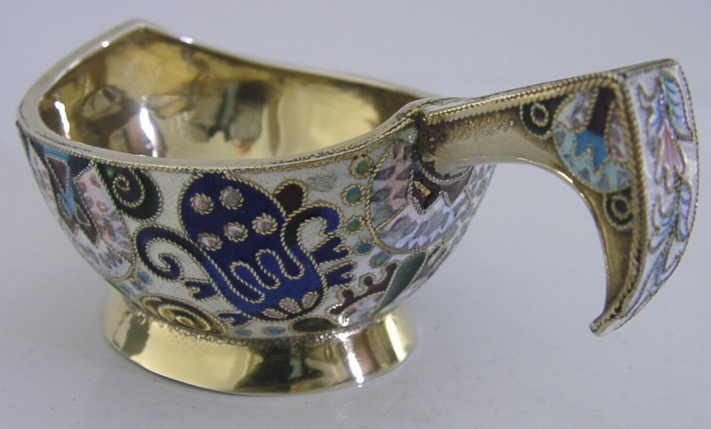 BEAUTIFUL RUSSIAN 84 SOLID SILVER GILT ENAMEL KOVSH CUP