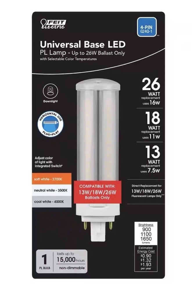 Feit Electric 26W 18W 13W Equivalent PL LED Bulb 4-Pin Universal Base CCT Select