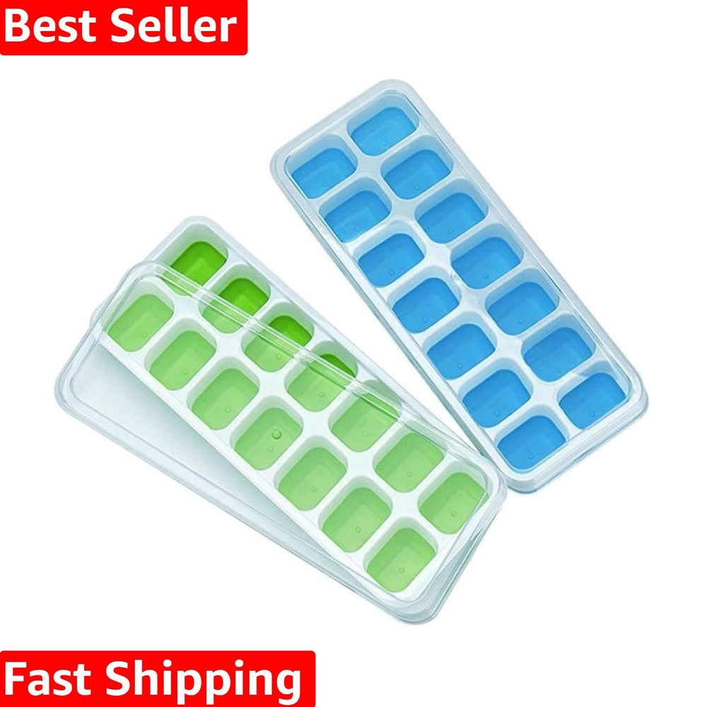 2 Pack Silicone Ice Cube Trays with Removable Lids - Easy Release & Storage