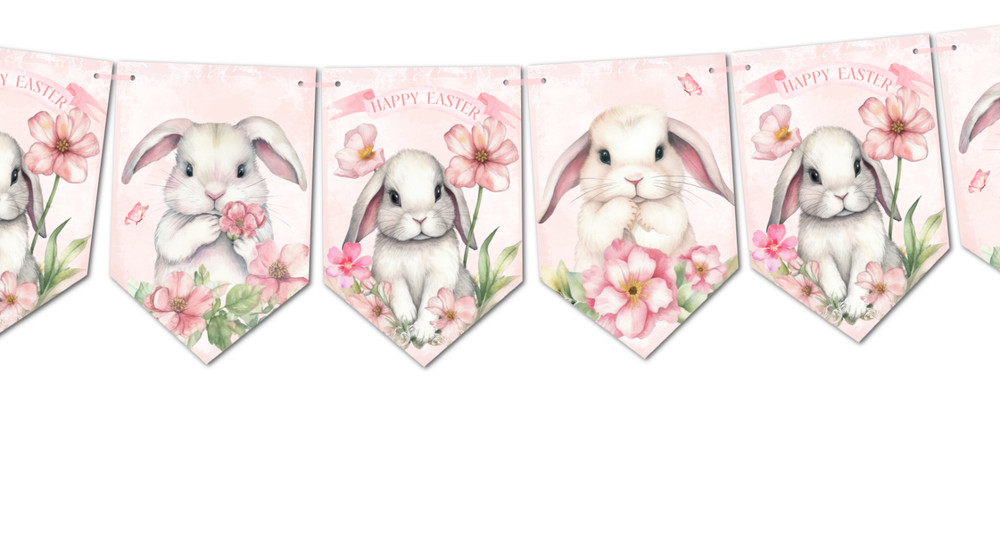 Pink Easter Bunting Floral Bunnies Happy Easter Bunting Decoration
