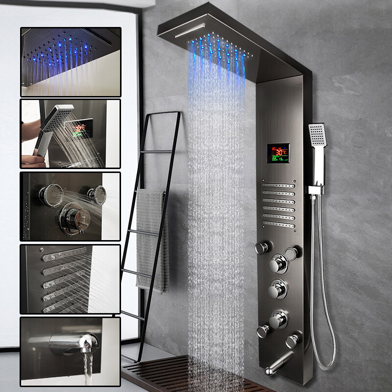 Wall Mounted LED Shower Column Massage Jets Sprayer Shower Panel Hand Shower