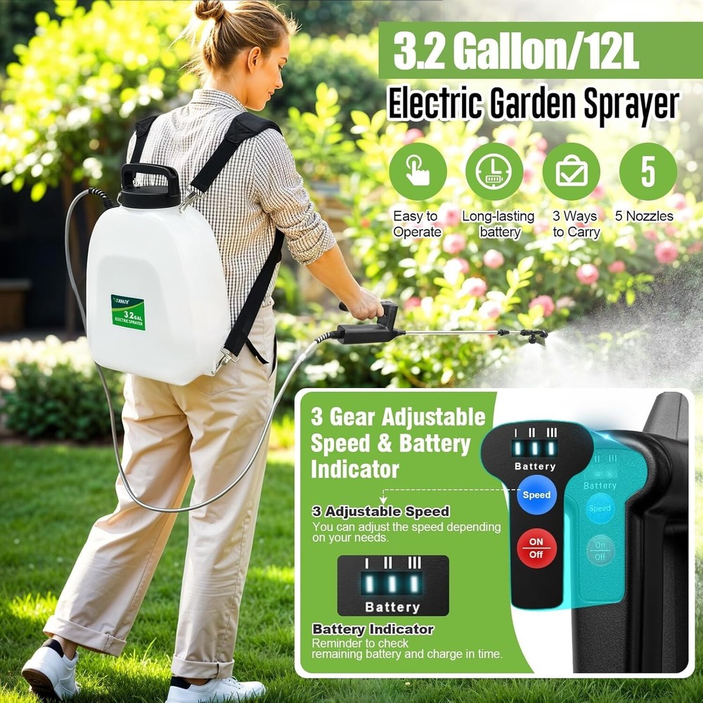 Battery Powered Sprayer 3.2 Gallon, Backpack Sprayer with 3 Adjustable Speeds B