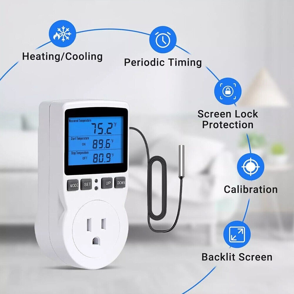Digital Thermostat Outlet Plug Temperature Controller Heating Cooling w/ Probzh8
