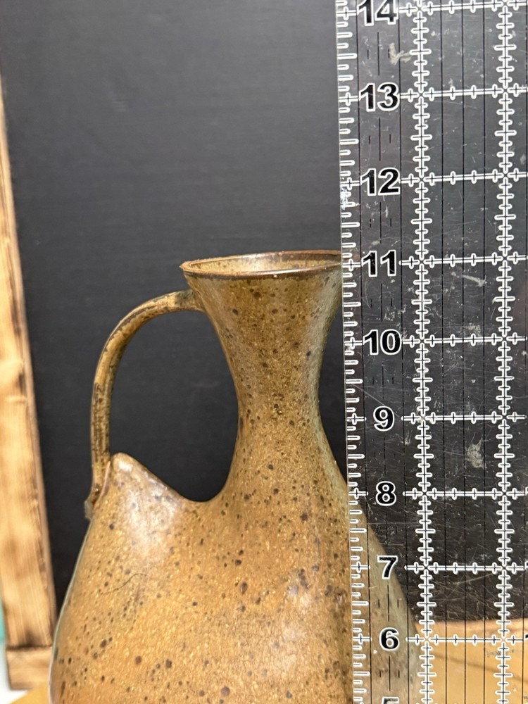 Handcrafted Brown/Beige Speckled Art Pottery Pitcher W/pulled Handle