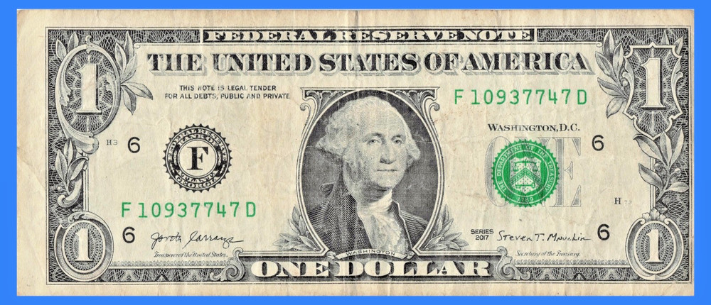 $1 Dollar Bill USD Miscut Error, Slight Misaligned Miscut 2017 Circulated