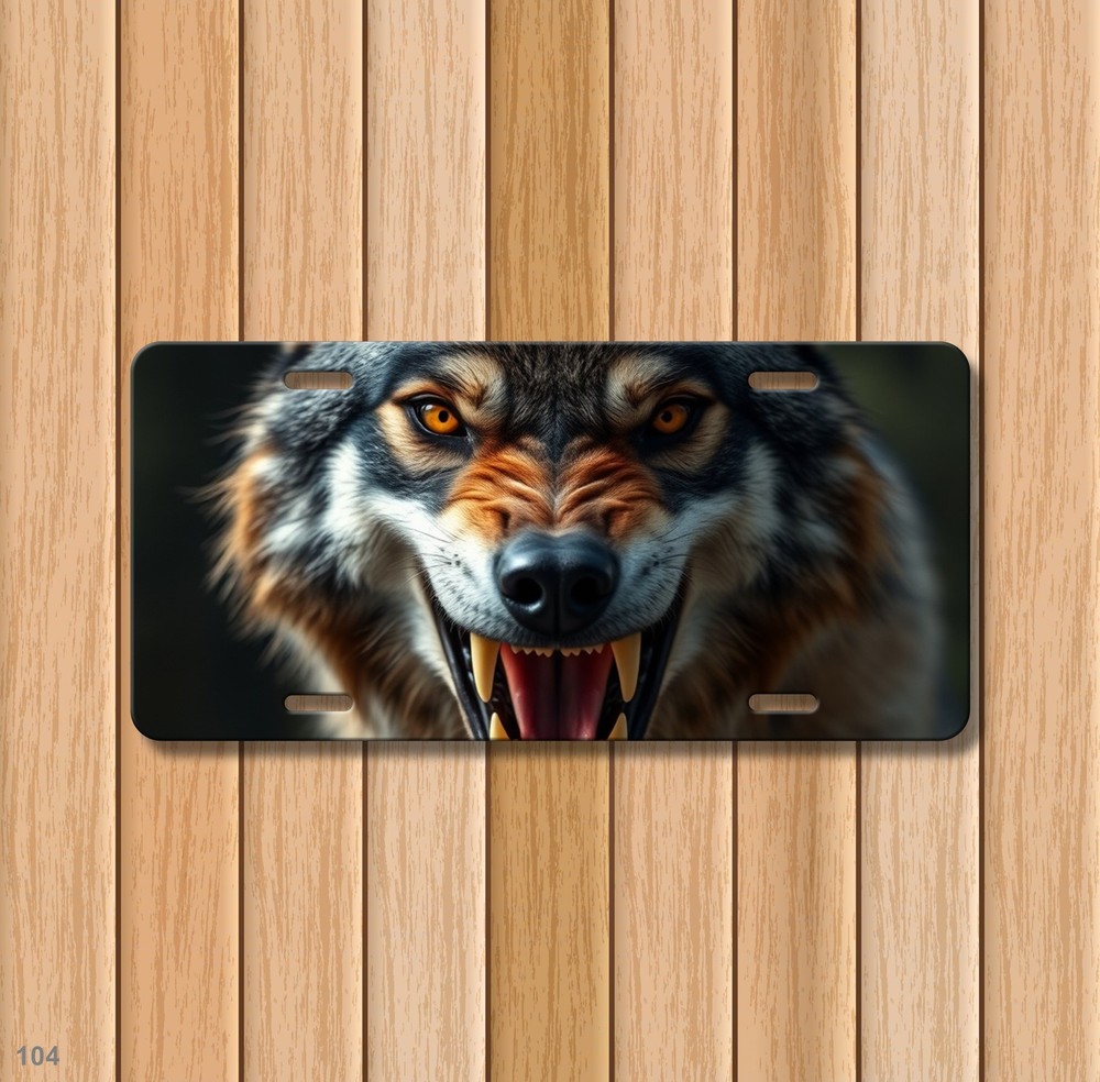 Aggressive Wolf License Plate with Fangs Customizable Auto Tag Unique Gift