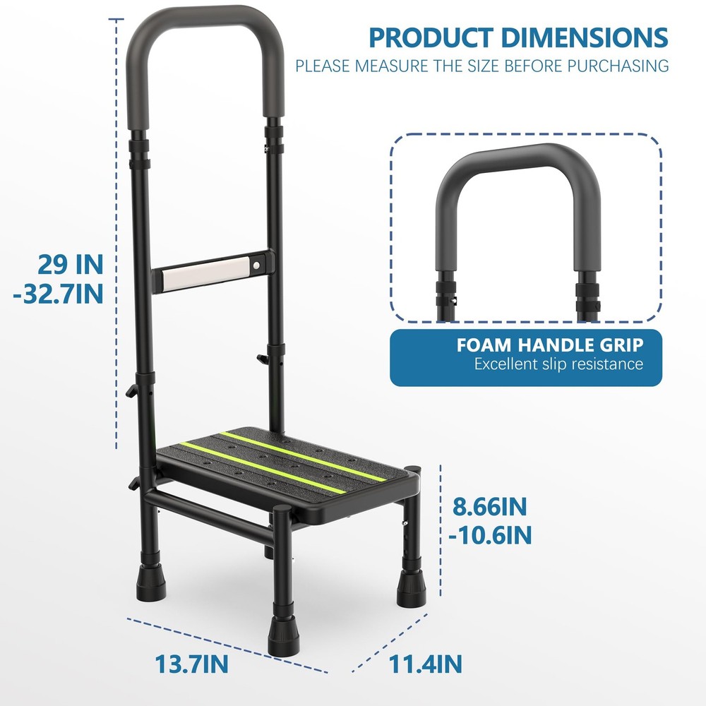 Packve Step Stool with Handle for Elderly 1 Step, Adjustable Leg, Black