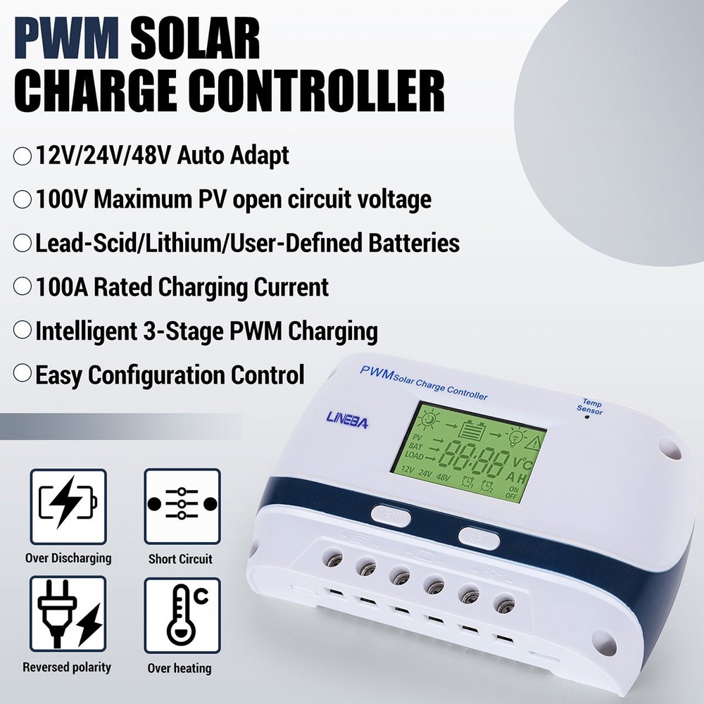 12V/24V/48V 100A PWM Solar Charge Controller Panel Lithium Battery Regulator USB
