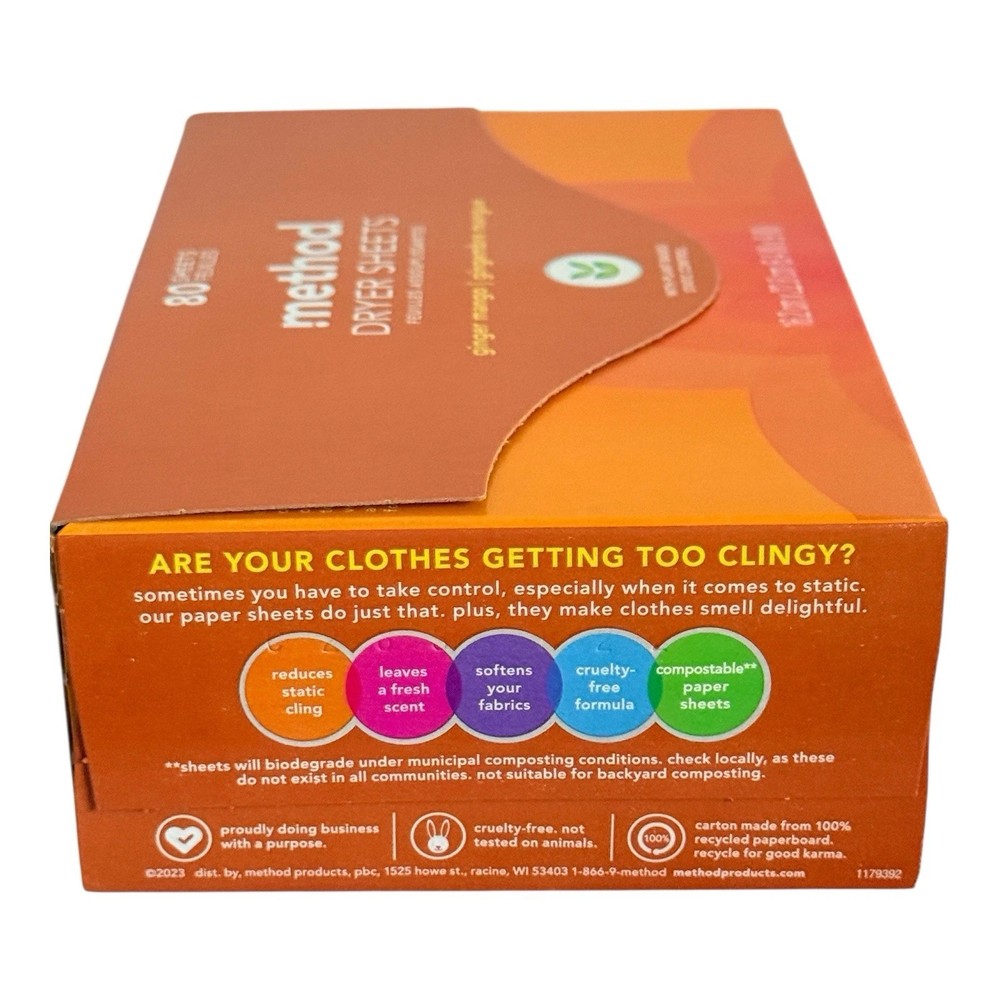 Method Paper Dryer Sheets Ginger Mango 80 Sheets Sealed