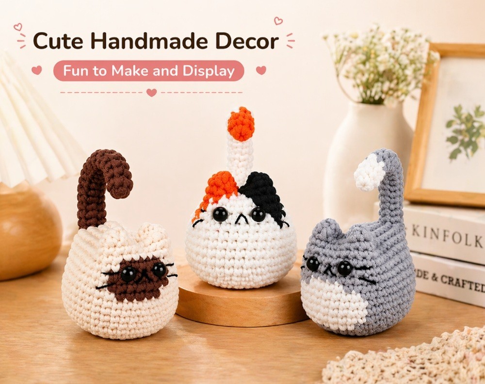 Cat Crochet Kit 3 Pack for Beginners Amigurumi DIY Set with Video Tutorial