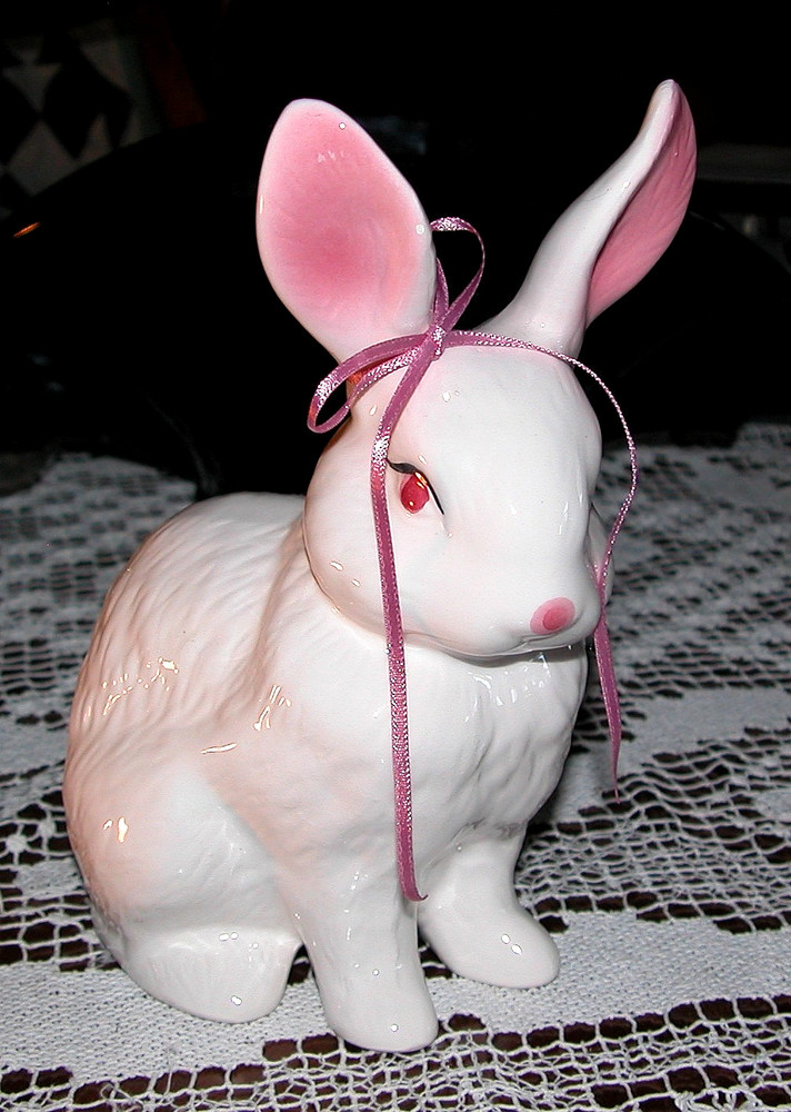 Ceramic Bunny, 7" Tall, White & Pink Hand Painted
