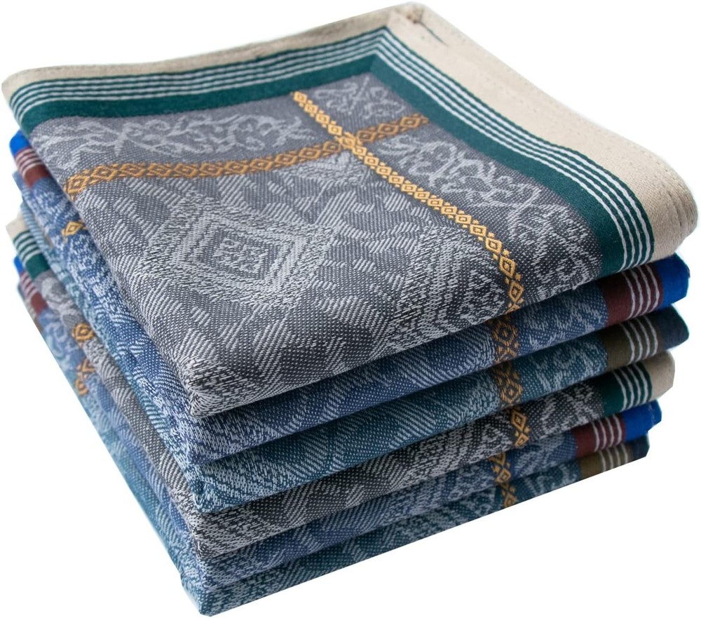 Mens Soft Cotton Handkerchiefs Old-fashioned Jacquard Pattern 6 PCS, White