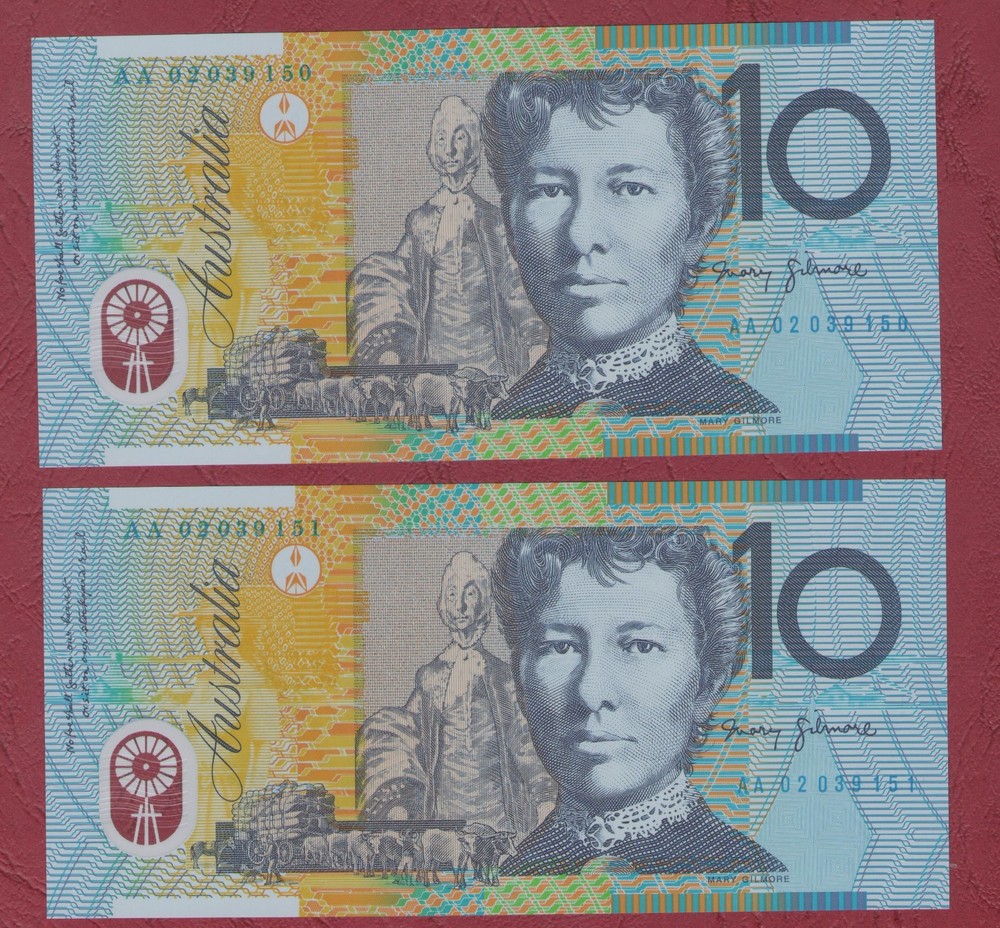 AUSTRALIAN BANKNOTE $10 TEN DOLLARS 2002 FIRST PREFIX UNC