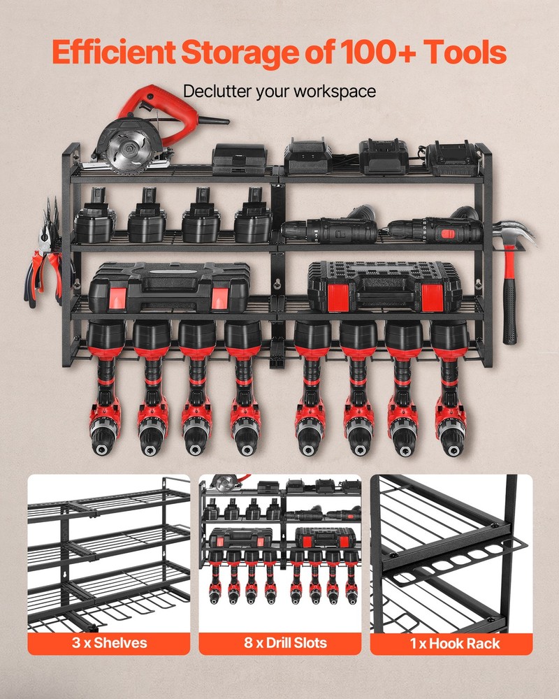 VEVOR Power Tool Organizer Wall Mount 4-Layer Tool Storage Rack 8 Drill Holders