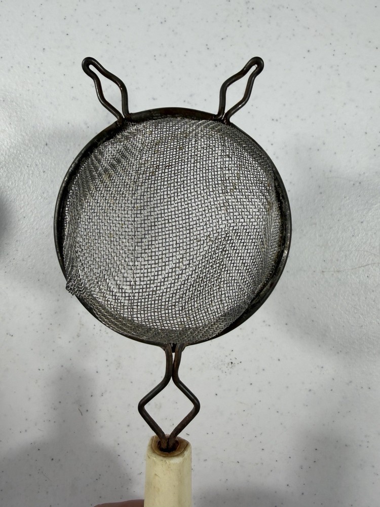 Vintage Pair Mini Tea Strainers Bakelite & Celluloid Handles Wire Mesh