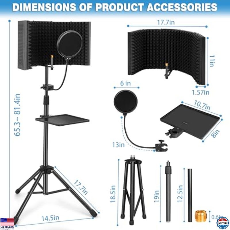 Mic Isolation Shield with Stand Curved Panel for Microphone, Foldable Mic Shield