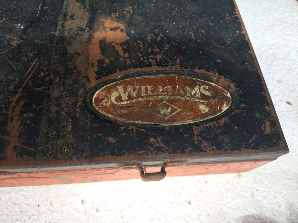 Vintage Williams metal toolbox with multiple Wrenches used