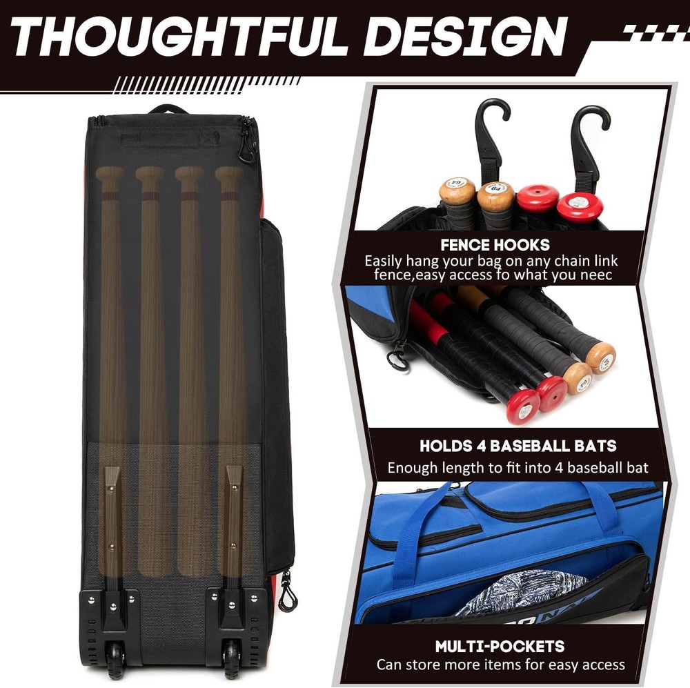 Baseball Bag with Wheels for 4 Bats,Soft Rolling Baseball Bag with Multi-Pockets