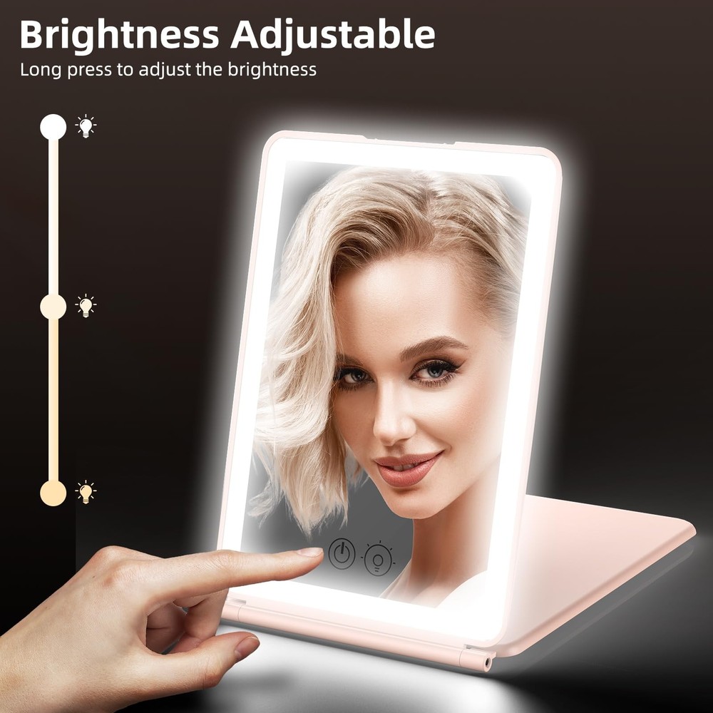 Foldable 1X/3X Magnifying Makeup Vanity Mirror Lights Dimmable Touch Pink