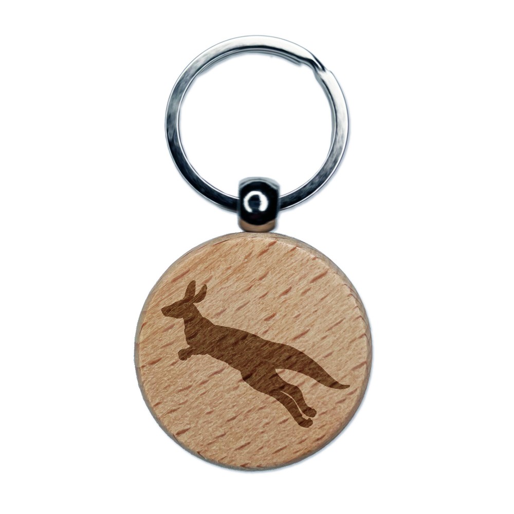 Kangaroo Jumping Solid Engraved Wood Round Keychain Tag Charm