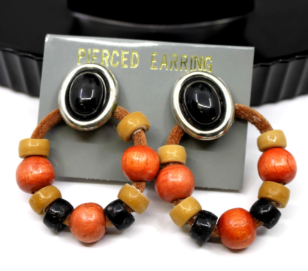 Wooden Beads Hoop Black Cabochon Stud Earrings Boho