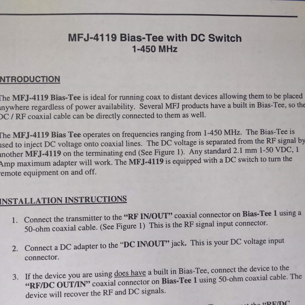 MFJ-4119 Bias Tee With DC Switch Manual