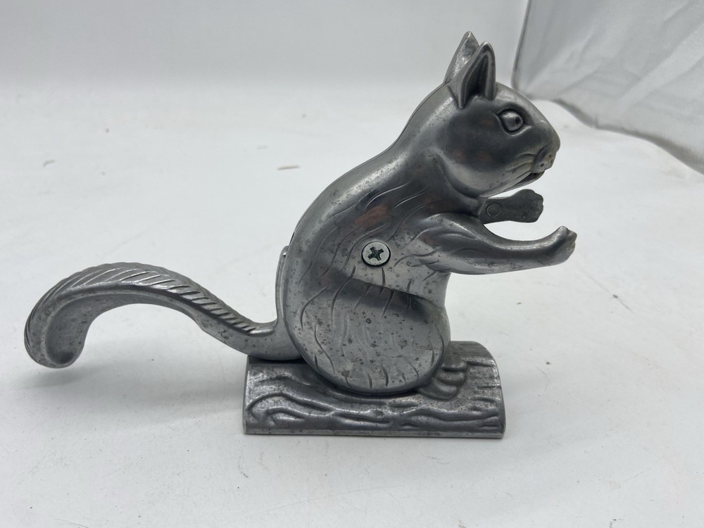 Vintage Aluminum Metal Squirrel on Log Nutcracker