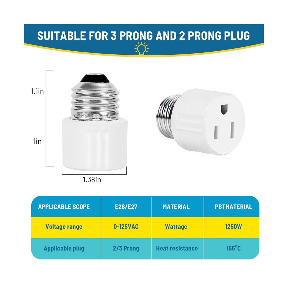 3-Prong Light Socket to Plug Adapter,E26/E27 Light Socket Outlet,2/3 Prong Ou...