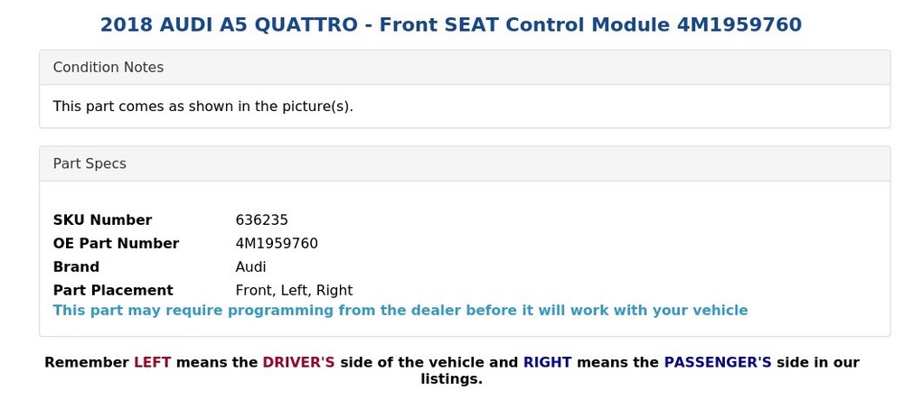 2018 AUDI A5 QUATTRO - Front SEAT Control Module 4M1959760