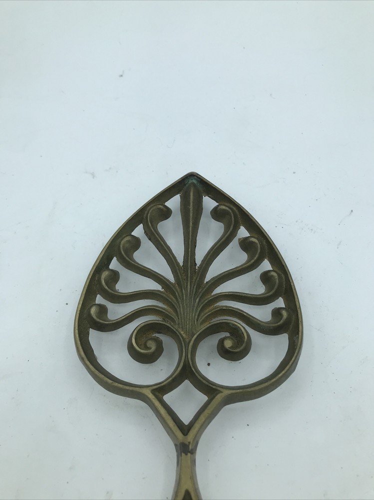 Vintage Solid Brass Hot Plate Trivet 8 3/4" x 4 3/4" Scroll Work Peacock Footed