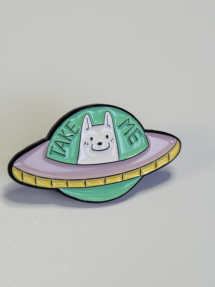 Take Me White Dog Spaceship Lapel Pin