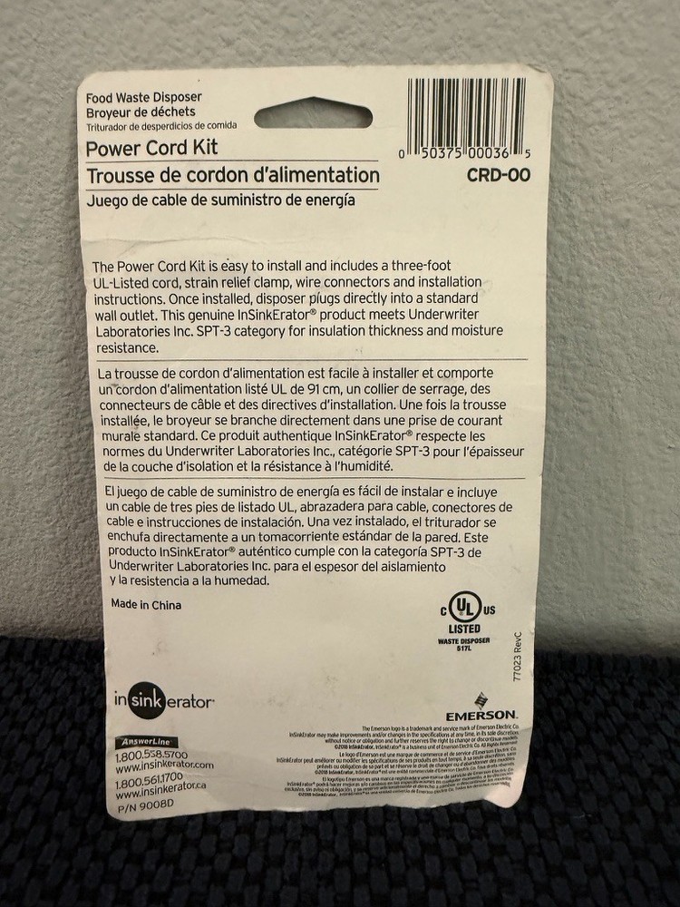 New InSinkErator/Emerson CRD-00 Power Cord Kit