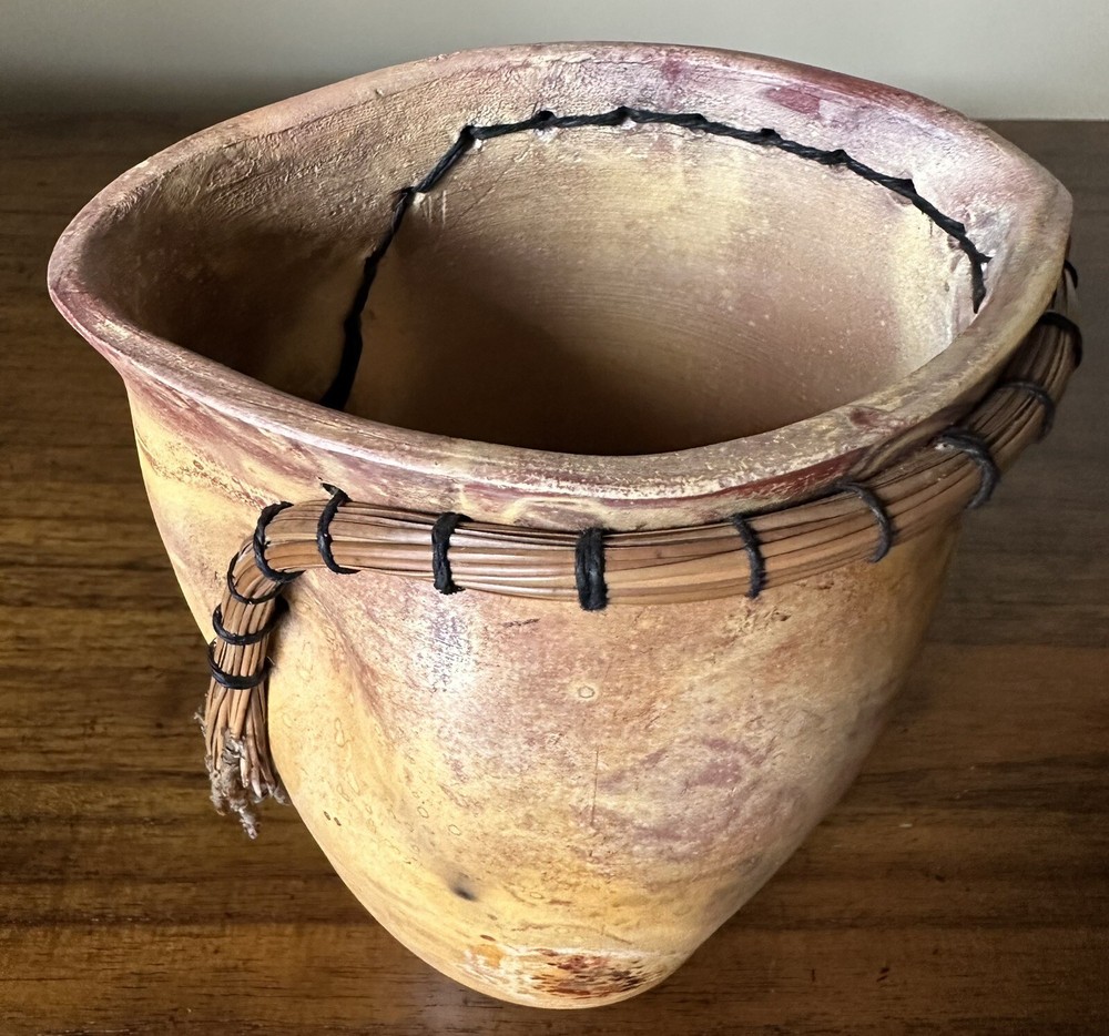 Pottery Vase Threaded Bamboo Rim, Primitive Pottery, Signed, Unique