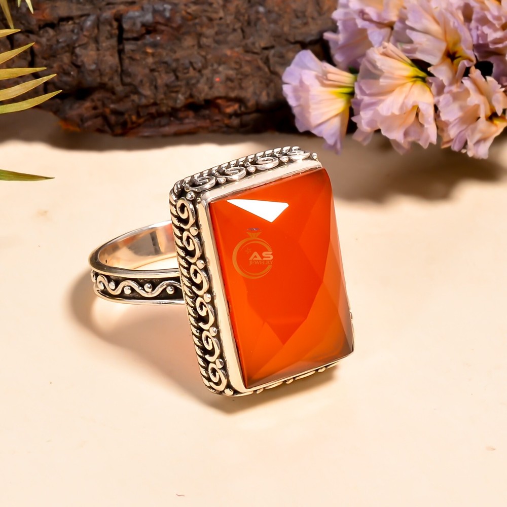 Orange Carnelian Stone Ring 925 Sterling Silver Handmade Design Statement Ring