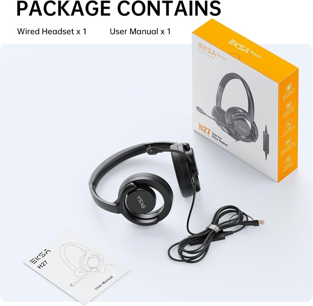EKSA H27 USB Computer Headset with Microphone for Work, PC Headset with Noise Ca