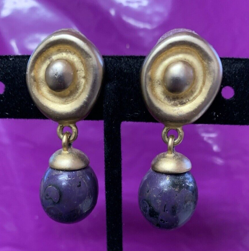 Purple Drop Dangle Pierced Earrings  Gold Tone